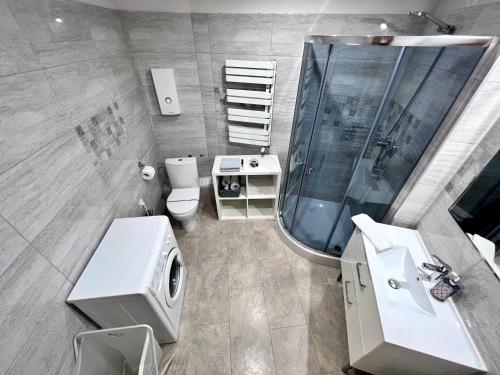 耶萊尼亞古拉的住宿－Apartament w samym centrum Jeleniej Góry，带淋浴、卫生间和盥洗盆的浴室