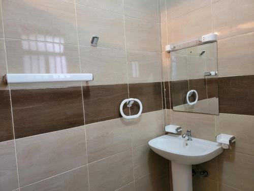 W łazience znajduje się umywalka i lustro. w obiekcie Cozy Apartment w mieście Ruaka