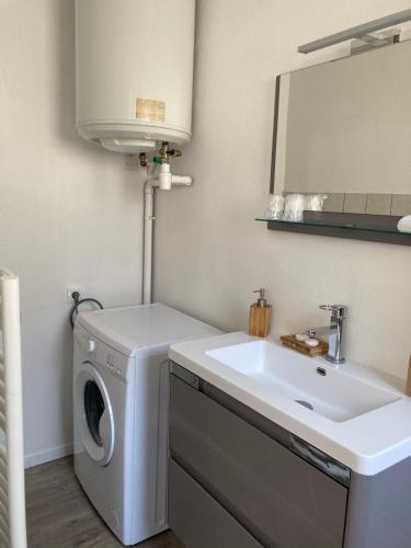 une salle de bain avec une machine à laver et un lavabo dans l'établissement Raiatea, au Tréport