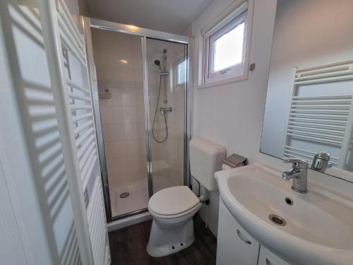 a bathroom with a shower and a toilet and a sink at Chalet MaMaMia nr. 54 op Chaletpark Bregkoog in De Koog