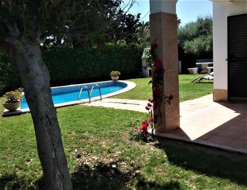 een zwembad in een tuin met een boom bij Villa Lunas in Cala'n Bosch
