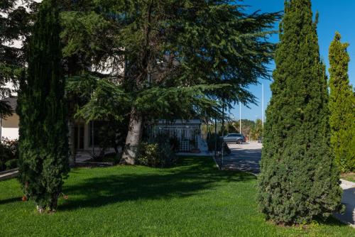 two trees in the grass in front of a house at Mirabella Hotel in Mirabella Eclano
