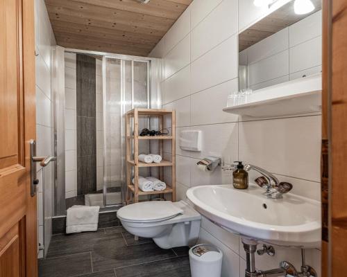 a bathroom with a white toilet and a sink at Ferienwohnung Schustererhof in Stumm