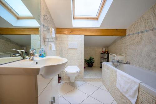 une salle de bain avec un lavabo, une baignoire et des toilettes dans l'établissement Cabana & Panorama Lac Annecy -Parking & Terrasse, à Sévrier