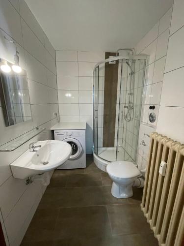a bathroom with a sink and a toilet and a shower at Monteur Wohnung für 4 Personen in Oberhausen. in Oberhausen