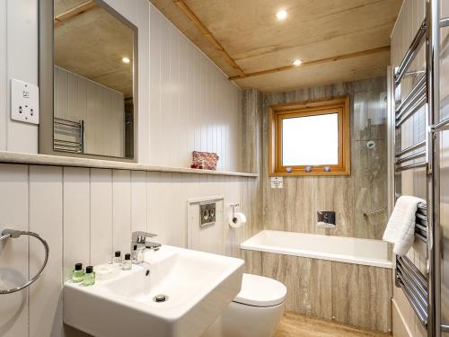 uma casa de banho com um lavatório, um WC e uma banheira em Lodge 9 em Wareham