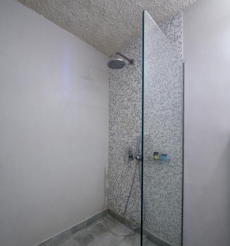 a shower with a glass door in a bathroom at Andromeda Villas & Spa Resort in Imerovigli