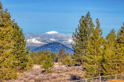 a view of a snow covered mountain through trees at Meadow Walk Cabin in La Pine