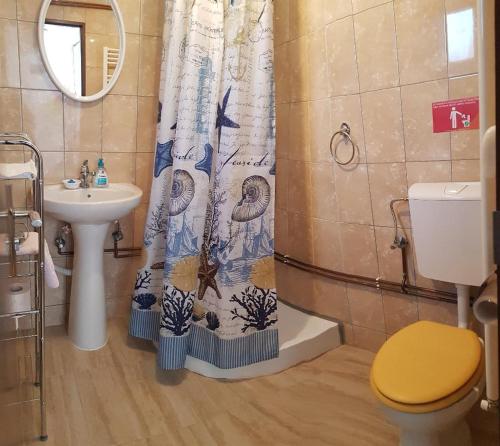 a bathroom with a shower curtain with a toilet and a sink at Pensiunea turistica Adler in Bălceşti