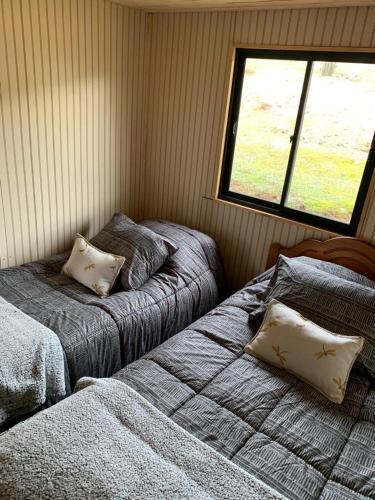 two beds in a room with a window at Forel in Toconey