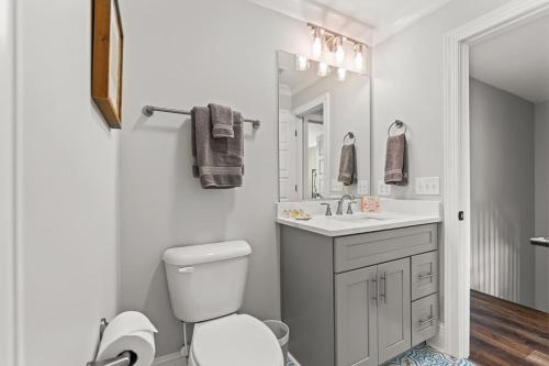 a bathroom with a toilet and a sink and a mirror at Relax, Rewind, Repeat - New Country Cottage in High Point