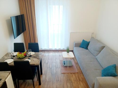 salon z kanapą i stołem w obiekcie AJP Apartament Szczecin Dąbie w Szczecinie