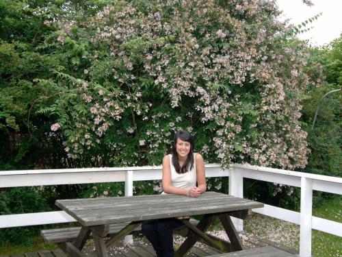 Una donna seduta su un tavolo da picnic accanto a una recinzione di 6 person holiday home in B rkop a Egeskov