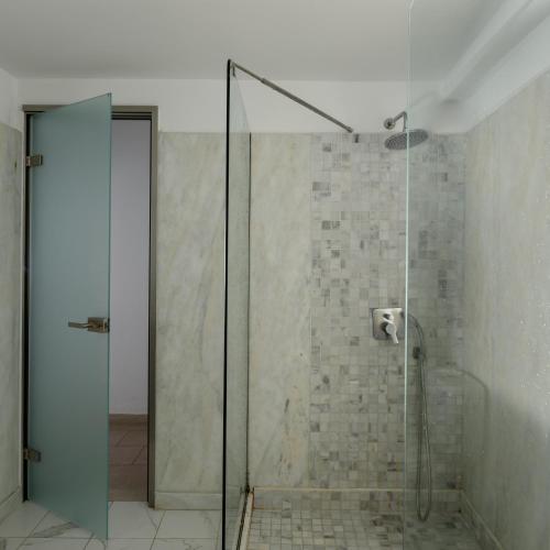 a shower with a glass door in a bathroom at Andromeda Villas & Spa Resort in Imerovigli
