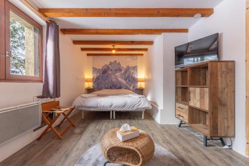 a bedroom with a bed and a flat screen tv at REFUGE- GITE Le Pas de l'Ane in Villar-dʼArène