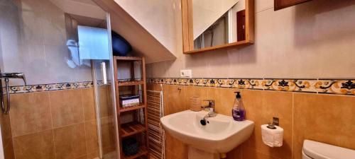 een kleine badkamer met een wastafel en een douche bij Vivienda Vacacional Villa Maruja in Andrín