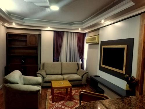 a living room with a couch and a tv at Hotel Anibal in Gebze