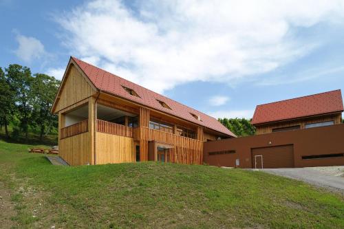 a building with a red roof on top of a hill at Vino Valdhuber Apartments in Svečina