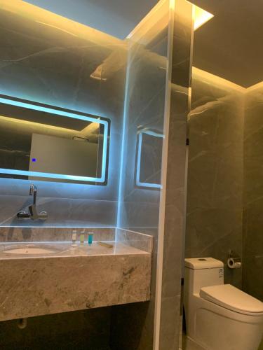 bagno con lavandino, servizi igienici e specchio di فندق ضيافة القرية Al Diyafa Hotel a Al Ahsa