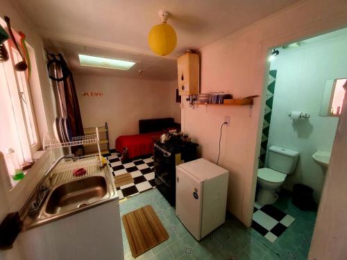 una pequeña cocina con lavabo y aseo en Cabañas Holtheuer, en Valdivia