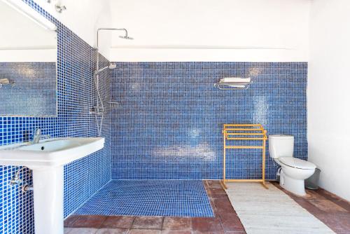 een blauw betegelde badkamer met een wastafel en een toilet bij Finca Arroyo de las Adelfas in Málaga