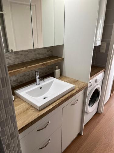 une salle de bain avec un lavabo et une machine à laver dans l'établissement * Le Hameau de la plage *, à Étables