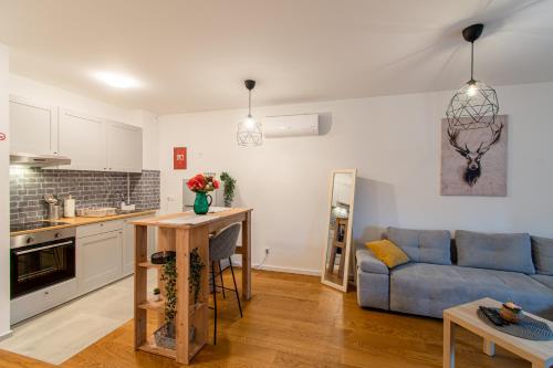 a kitchen and a living room with a blue couch at Flexible SelfCheckIns 39 - Zagreb - Parking - New in Zagreb