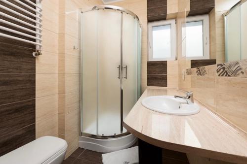 Un baño con ducha, lavabo e inodoro. en RizaVilla, en Krynica Morska