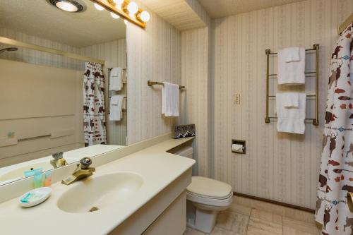 a bathroom with a sink and a toilet and a mirror at Tamarron Lodge Studio - 406 in Durango