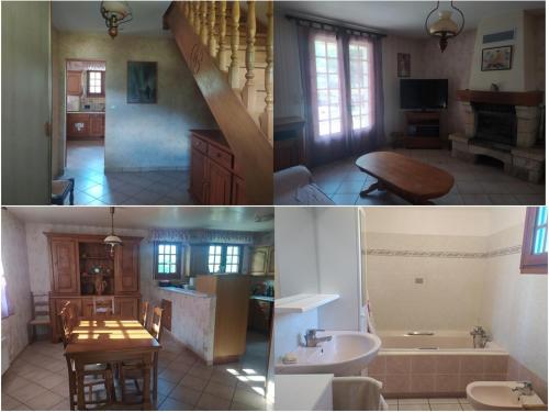 two pictures of a kitchen and a living room with a staircase at Maison individuelle au cœur de la Soule au pays basque in Musculdy