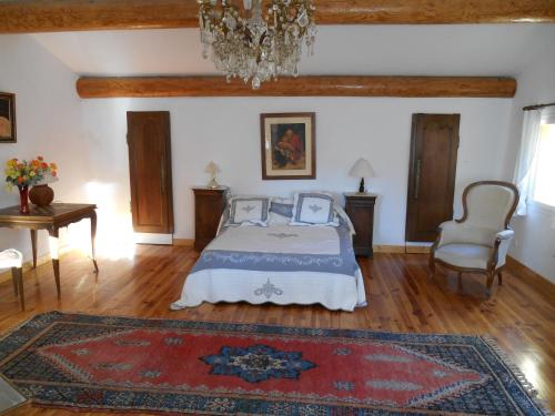 a bedroom with a bed and a chandelier at Villa Boulou in Rognes