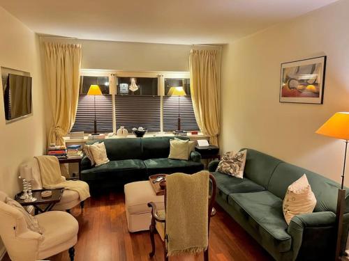 オスロにあるOslo City Apartmentのリビングルーム(緑のソファ、椅子付)