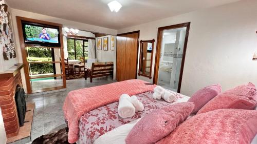 蒙特沃德的住宿－Pousada Lago Azul，一间卧室配有一张床、一个壁炉和一台电视。
