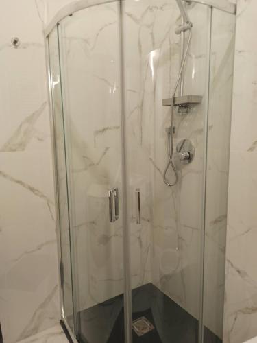 una doccia con porta in vetro in bagno di Luxury House Lupetta 3 a Milano