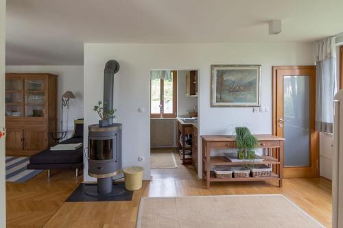 sala de estar con estufa de leña en el centro en Private green getaway, en Bled