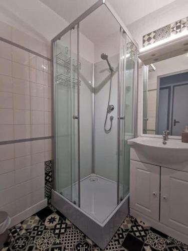 une salle de bain avec douche et lavabo dans l'établissement Appt avec vue panoramique sur le lac à Port Bourgenay, à Talmont-Saint-Hilaire