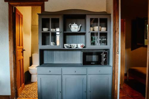 a blue cabinet with a microwave in a room at La Viña. Casa rural en el campo in Tordera