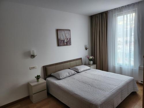 布德瓦Budvariana Apartments的一间卧室，配有一张大床和一扇窗户。