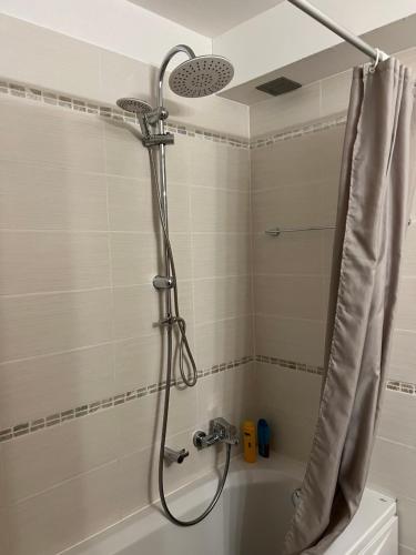 y baño con ducha con cabezal de ducha. en Residence Ciel Bleu - Fraz Pos en Aosta