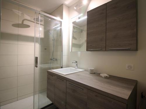 une salle de bain avec un lavabo et une douche dans l'établissement Mont-Dore: T2 avec Balcon, Parking Couvert, 4 pers. - FR-1-608-109, à Le Mont-Dore