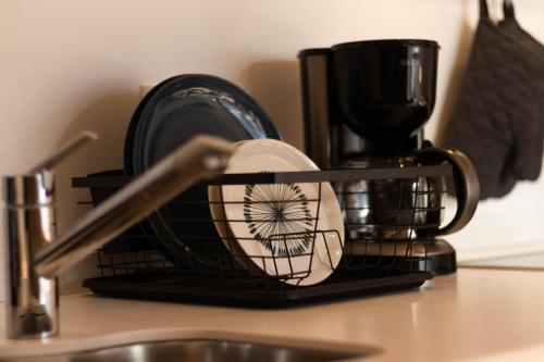a dish drying rack with a plate and a coffee mug at Casa Flora in Dobbiaco