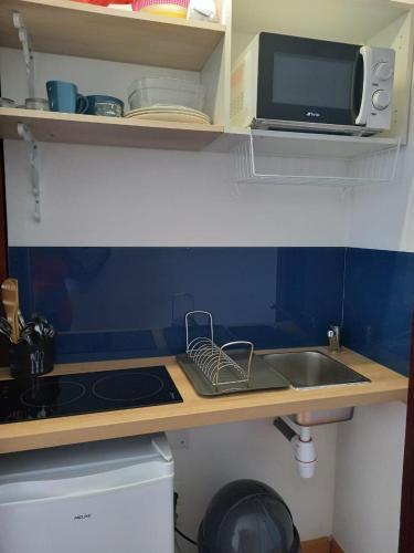 a kitchen counter with a sink and a microwave at Baie du Galion in La Trinité