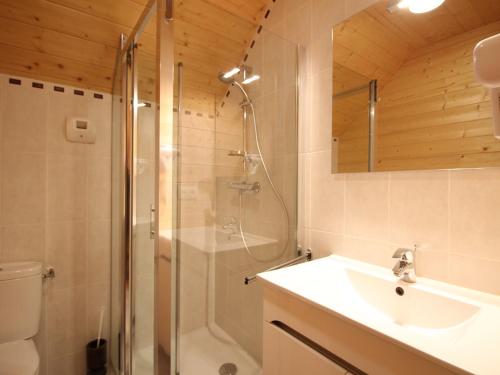 a bathroom with a shower and a sink and a toilet at Chalet Mont-Dore, 3 pièces, 6 personnes - FR-1-608-65 in Le Mont-Dore