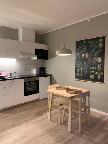 a kitchen with a table and chairs in a room at Vallabiten Rum och Lägenheter in Växjö