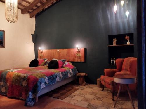 Sobrestany的住宿－Mas Del Llop Blanc - Dog friendly Hostal Rural - B&B，一间卧室配有一张床和一把椅子