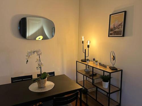 日內瓦的住宿－P&R 2, 2 bedroom, close to center, Plainpalais，一间带桌子和镜子的用餐室