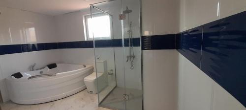 a bathroom with a toilet and a glass shower at Areni Lodge in Areni