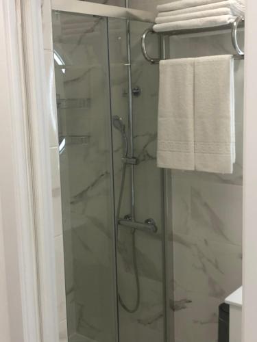 La salle de bains est pourvue d'une douche avec une porte en verre. dans l'établissement Suite estudio, à Benalmádena