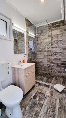 a bathroom with a toilet and a sink and a shower at Bunga Bunga Resort Mamaia Nord in Mamaia Sat/Năvodari