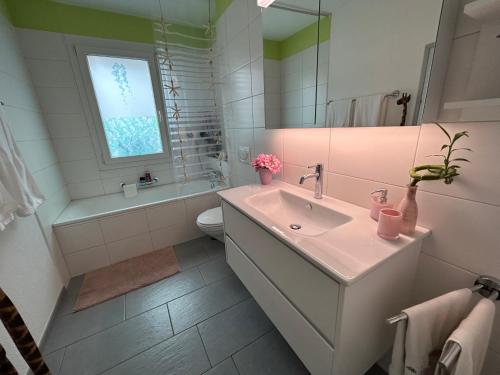 La salle de bains est pourvue d'un lavabo, de toilettes et d'un miroir. dans l'établissement Daianas Corner, à Elgg